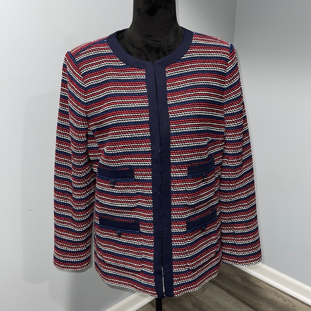 Talbots petite large knit blazer jacket blue red white